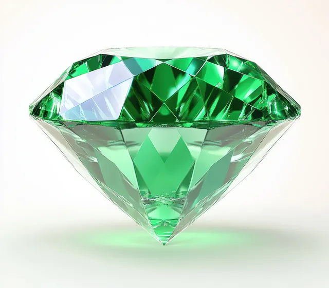 Green faceted gemstone isolated on a white background with bright prismatic reflections from its cuts.