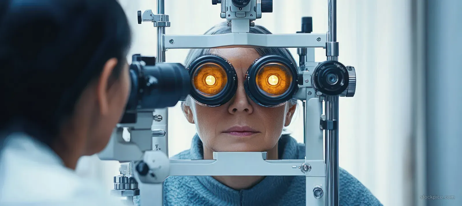 A middle-aged woman sits at an ophthalmic diagnostic device while a clinician observes during an eye examination.
