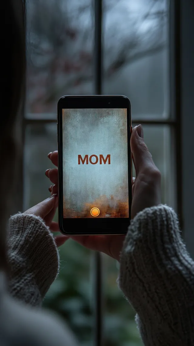 A person holds a smartphone displaying “MOM” in window light with blurred outdoor scenery behind.