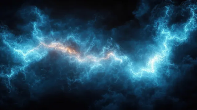 Blue lightning bolts glow across dark storm clouds, creating branching electric arcs in the night sky.