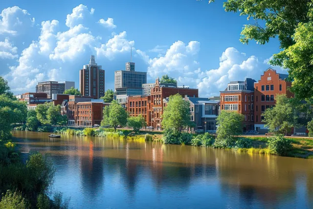 Downtown Peoria Illinois skyline across a calm river with mixed modern and brick facades