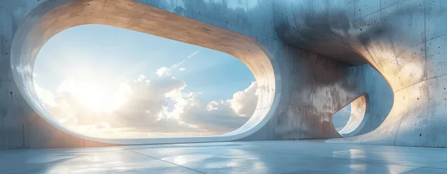 Empty concrete interior showing circular openings with bright daylight and clouds framed by curved walls.