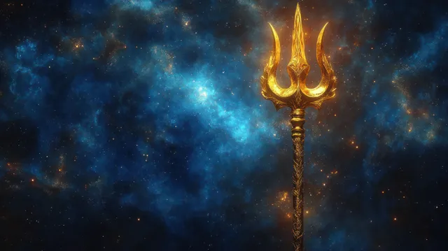 Golden three-pronged trident glowing above a deep blue starry nebula background.