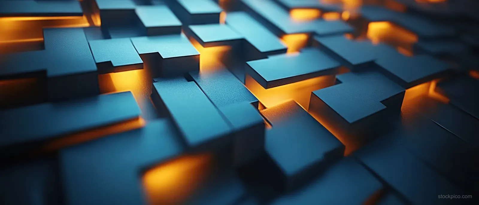 Interlocking blue 3D blocks with glowing orange light visible through narrow gaps in an abstract geometric pattern.