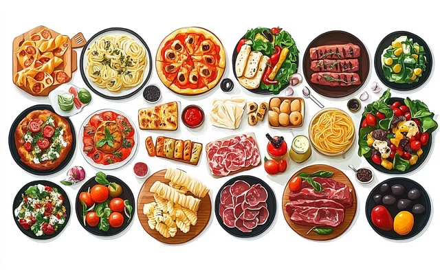 Italian dishes assortment on plates and boards with pasta, pizza, cured meats, and fresh vegetables