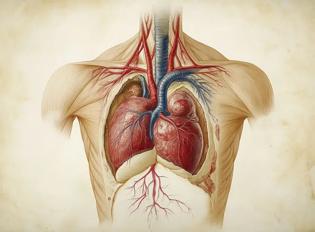 Renaissance anatomical cutaway of a human heart and circulatory vessels with a branching bronchial tree above.