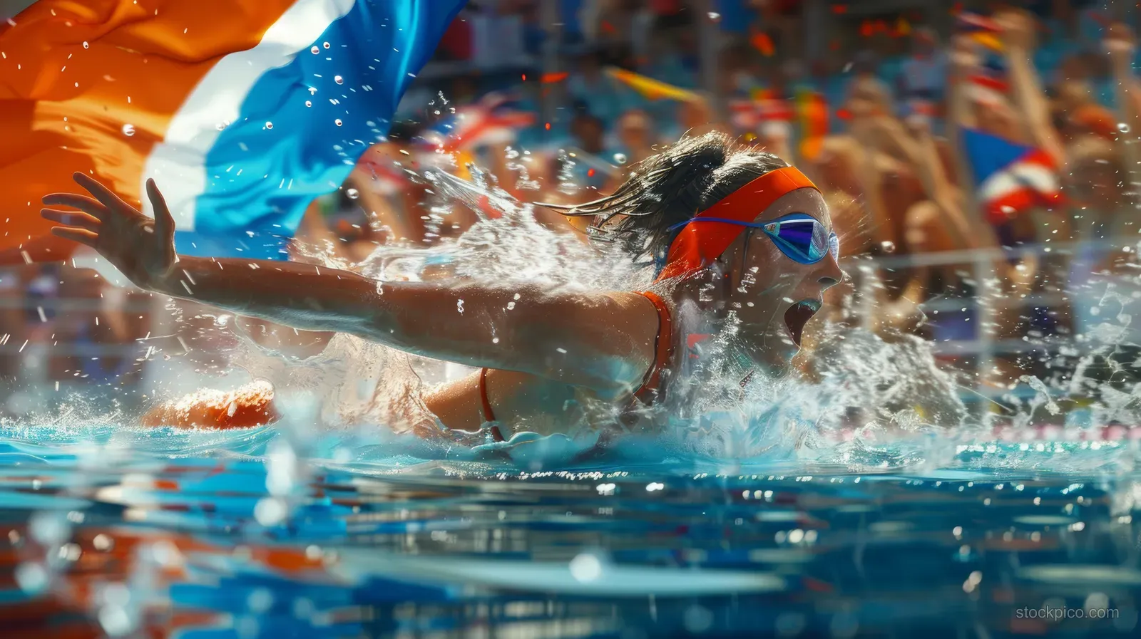 A Dutch female freestyle swimmer dives into a clear pool as water splashes around her.