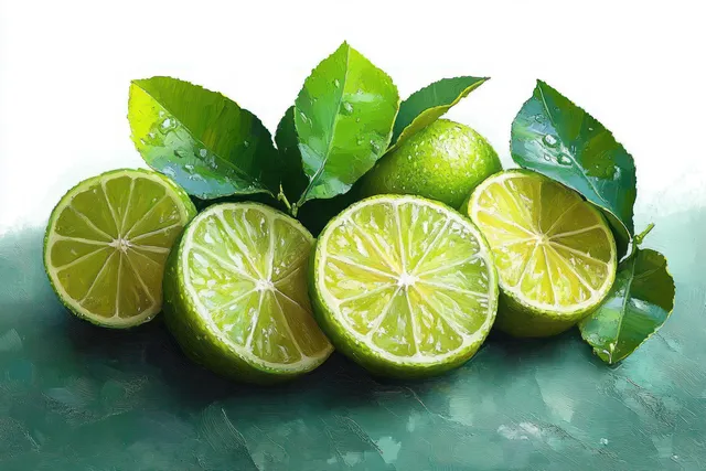 Sliced lime wedges with fresh green leaves and water droplets arranged on a reflective surface.