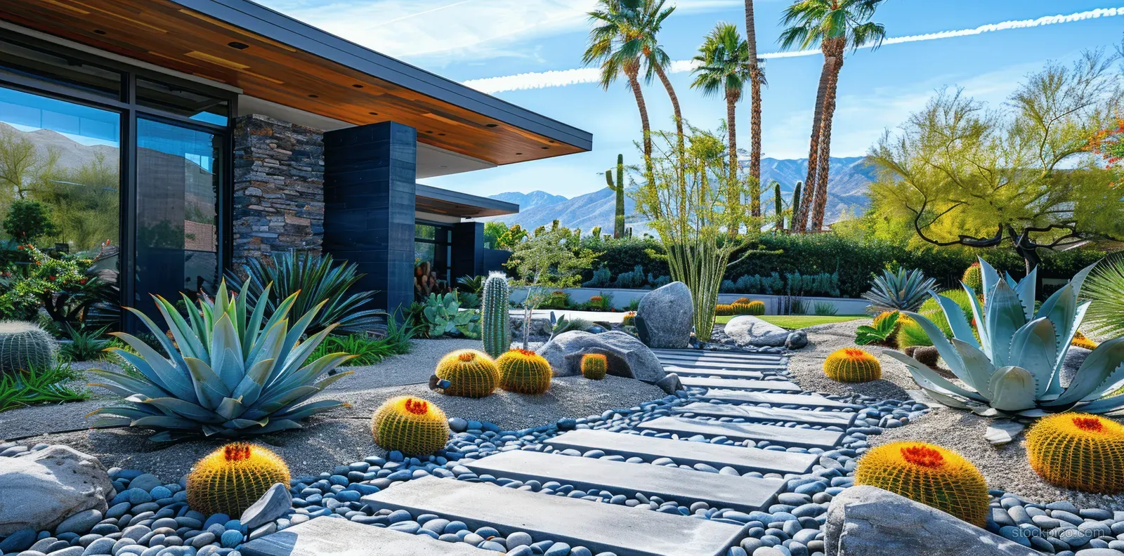 Cactus and succulent plants surround a stone step path with black rock borders beside a modern home exterior.
