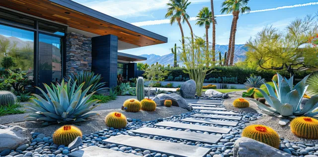 Cactus and succulent plants surround a stone step path with black rock borders beside a modern home exterior.