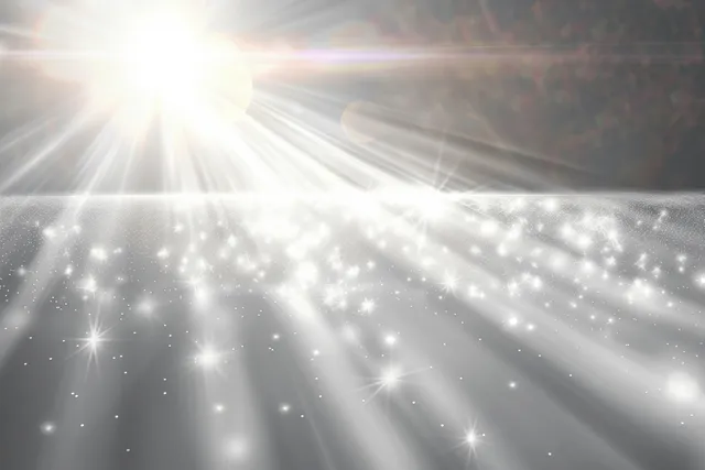 White light rays with sparkling flares spread across an abstract silver gradient background.