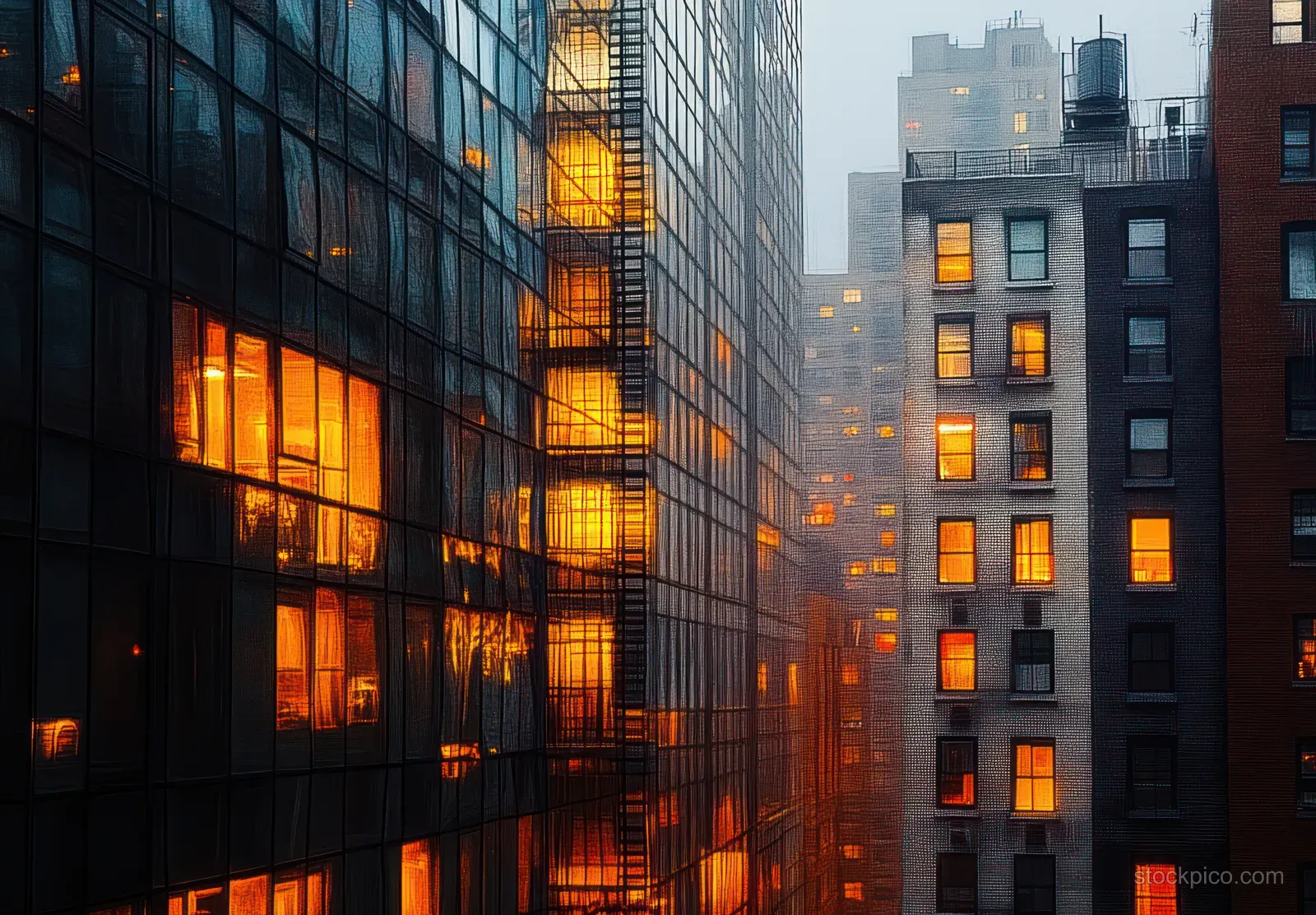 Sunset cityscape in Chelsea, Manhattan, with lit modern skyscraper windows reflecting beside dark brick apartment facades.