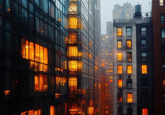 Sunset cityscape in Chelsea, Manhattan, with lit modern skyscraper windows reflecting beside dark brick apartment facades.
