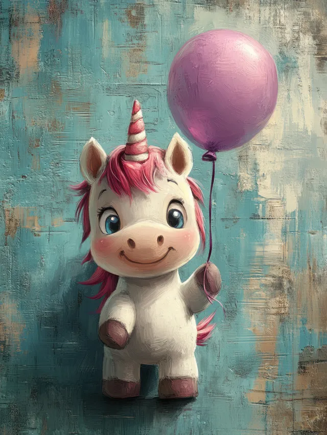 Playful cartoon unicorn holding a purple balloon against a turquoise textured backdrop