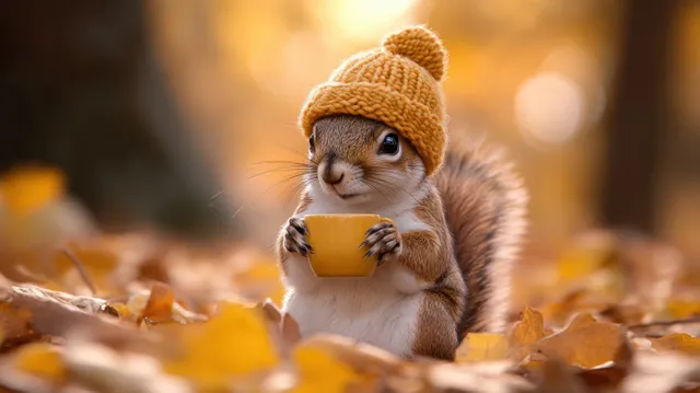 Cute squirrel in knitted hat holding a small cup, surrounded by autumn leaves