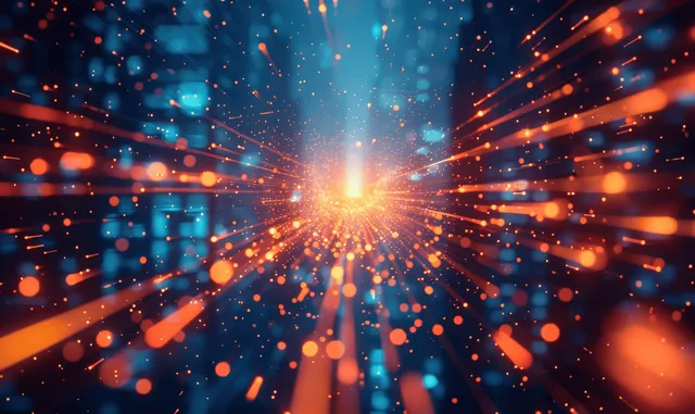 Glowing orange and blue light particles radiate outward from a bright center in a motion streak burst.