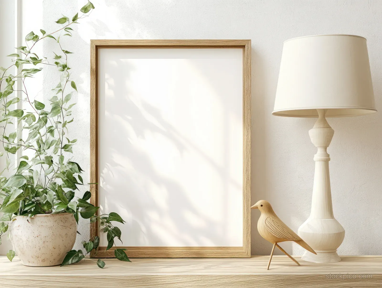 Blank wooden picture frame on a shelf next to a leafy plant and a cream table lamp in a bright interior.