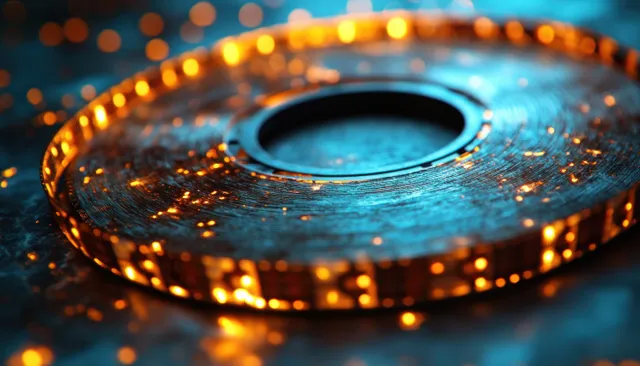 A vintage film projector lens ring with warm light sparks on worn blue metal
