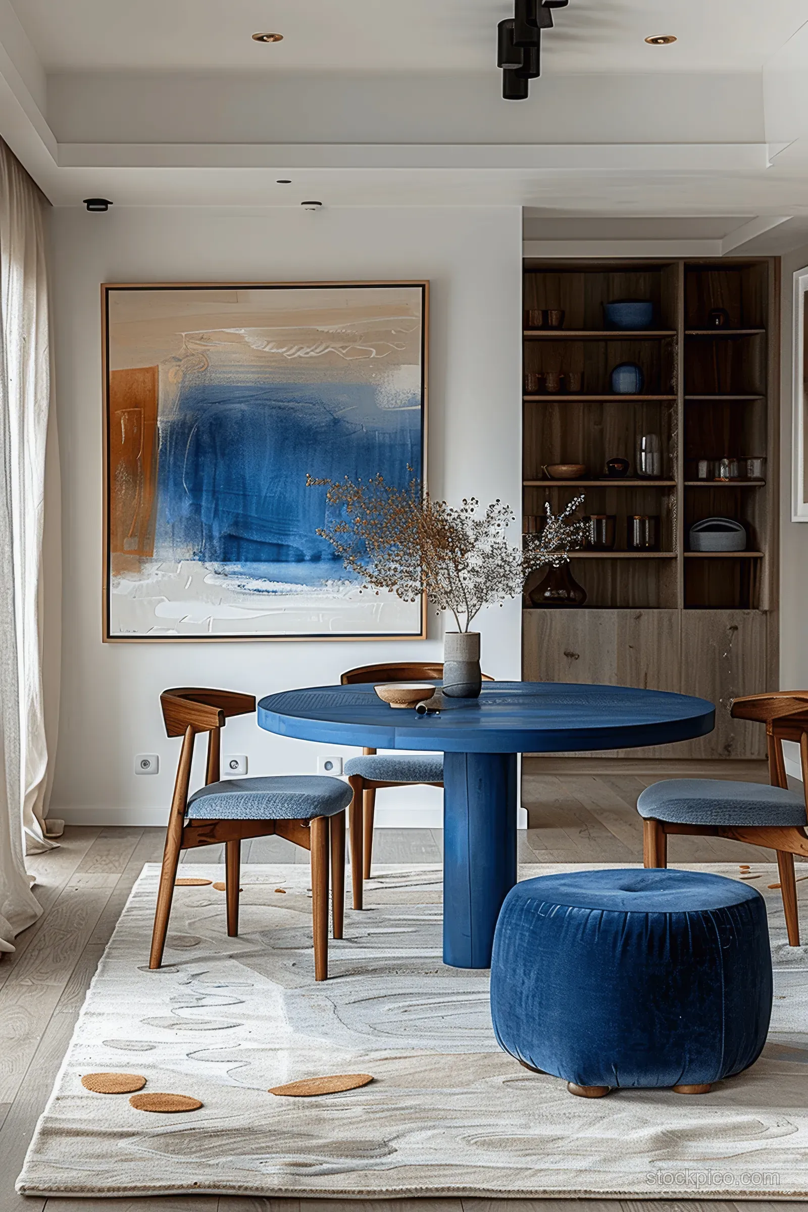 Minimalist dining room with blue table chairs, a round ottoman, beige rug, and an abstract painting on the wall.