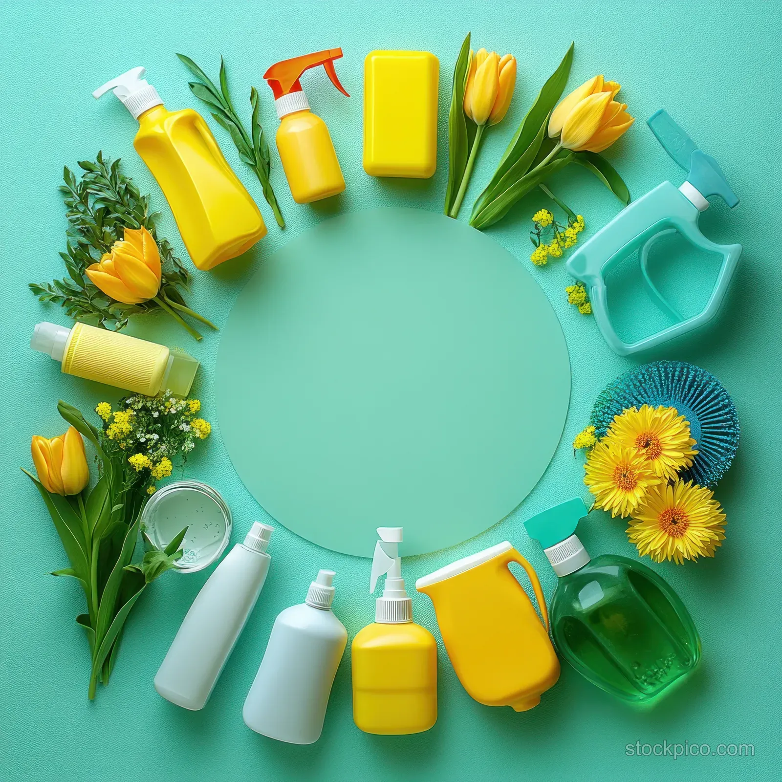 Top-down flat lay of cleaning bottles, brushes, sponges, and yellow tulips arranged in a circular wreath on mint green.