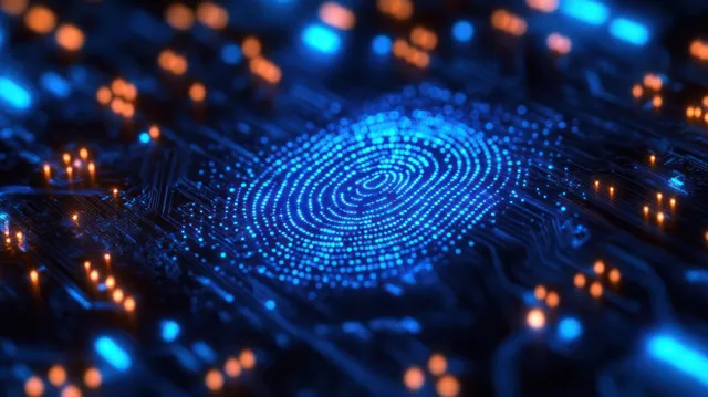 Glowing fingerprint ridges float over a dark blue computer circuit pattern, evoking biometric cybersecurity security.