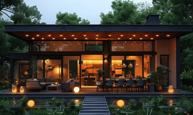 Friends chatting at dusk on a modern terrace, string lights and lantern glow
