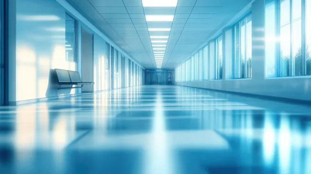 Empty modern corridor with large glass windows and a glossy floor reflecting strong daylight.
