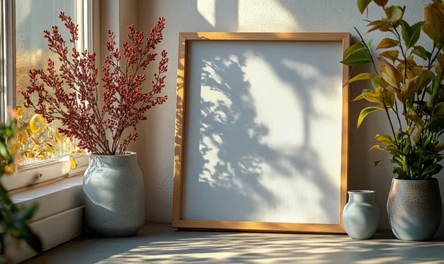 Blank horizontal wooden picture frame on a white wall with soft sunlight and plant shadows around it.