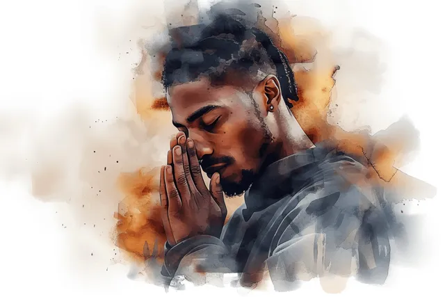 Watercolor portrait of a young African American man praying with closed eyes and clasped hands on a white background.