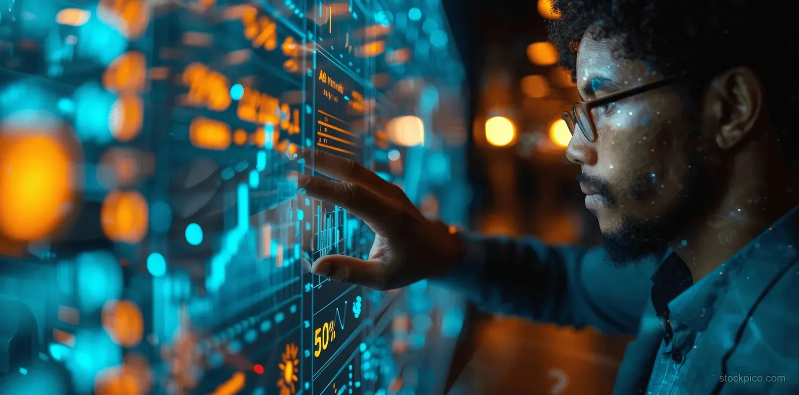 Businessman at a laptop reviewing glowing stock market charts with digital data overlays in the background.