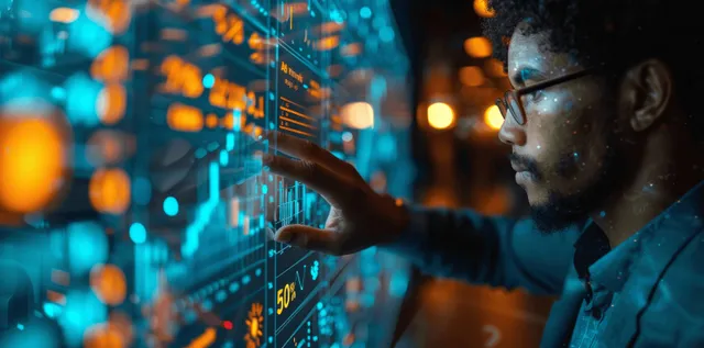 Businessman in office analyzing stock market charts on laptop with glowing data overlays