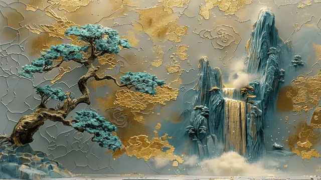 Three-dimensional pine tree relief and misty waterfall cascading down a cracked gold wall panel.
