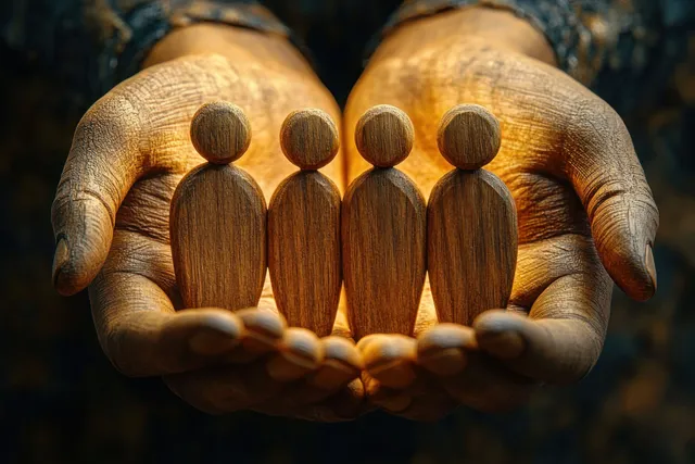 Two hands cradle four small wooden human figures to symbolize care, protection, and unity.
