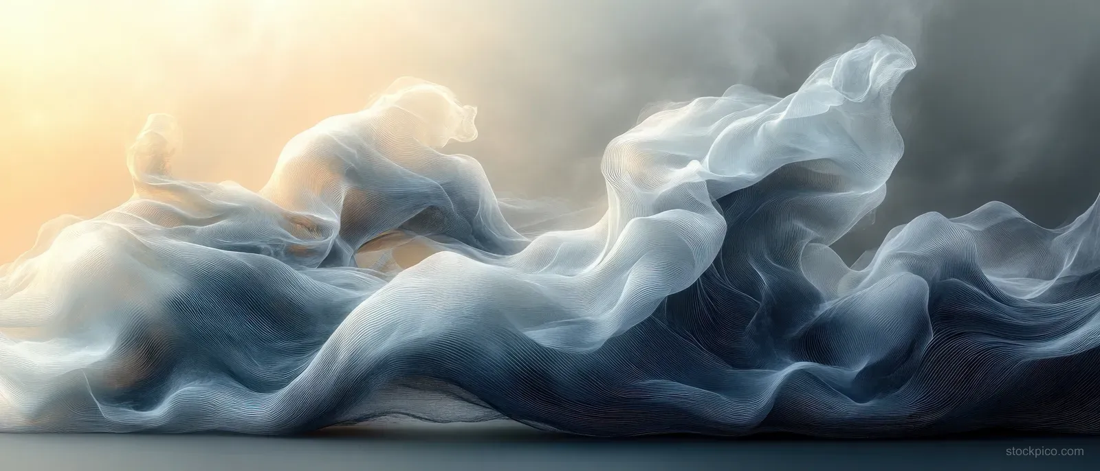 Flowing grey mist waves curl across a textured abstract background with dark chiaroscuro shadows.