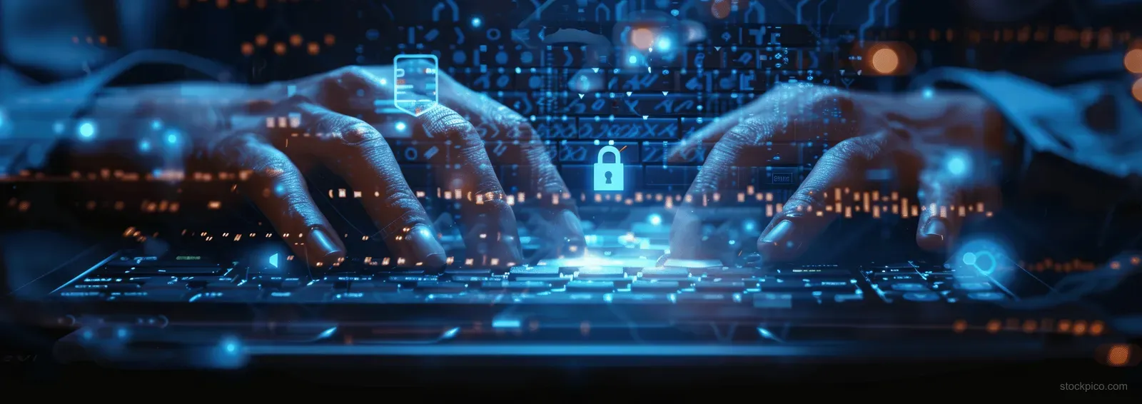 IT professional typing on a laptop with a hovering glowing digital padlock in a blue cyberspace background.