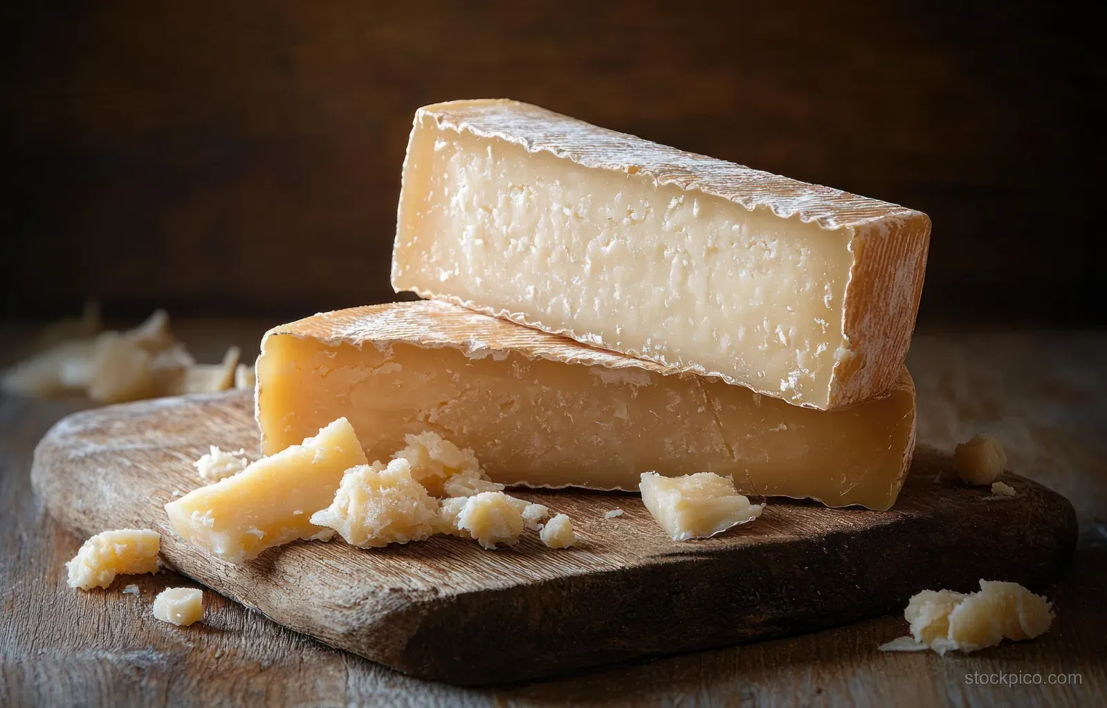 Two wedges of aged hard cheese sit on a wooden cutting board with scattered cheese crumbs.