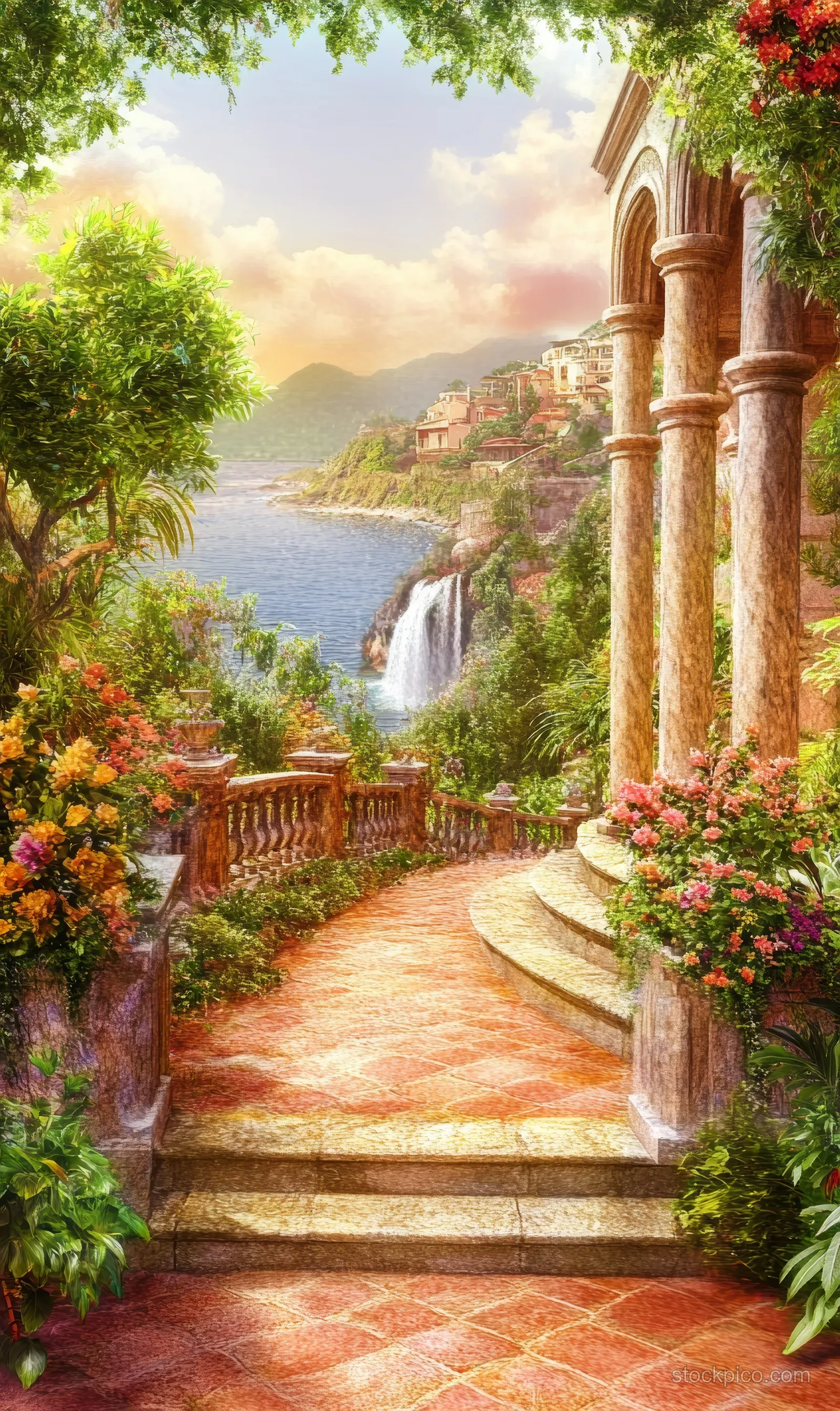 Colorful garden flowers and a winding stone path lead past a wooden gate toward a waterfall and ocean view.