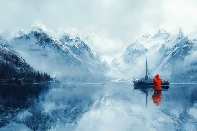 A red-jacket cruise passenger on a boat deck uses binoculars while misty glacier mountains reflect on calm water.
