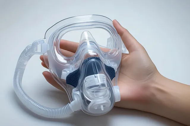 A hand holds a transparent full-face breathing mask with a flexible tube against a plain light background.