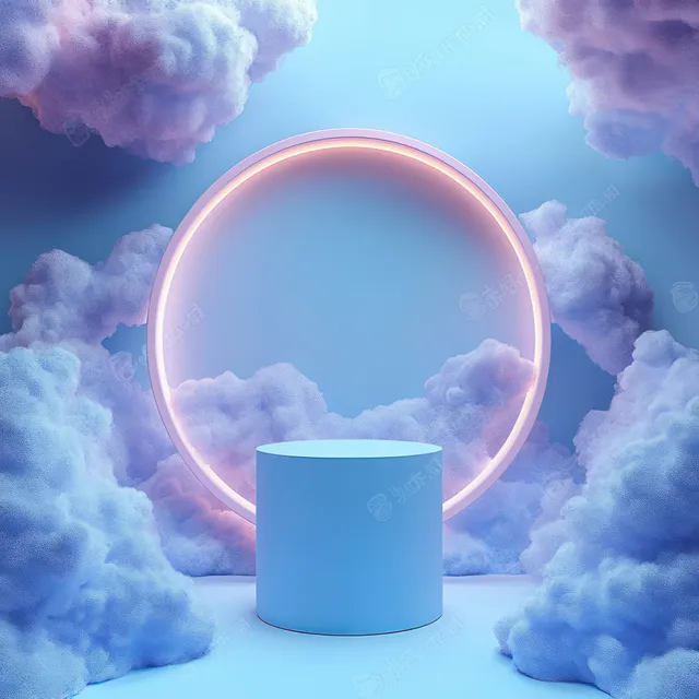 Pastel cloud sky with glowing circular podium for a Valentine-style product scene backdrop