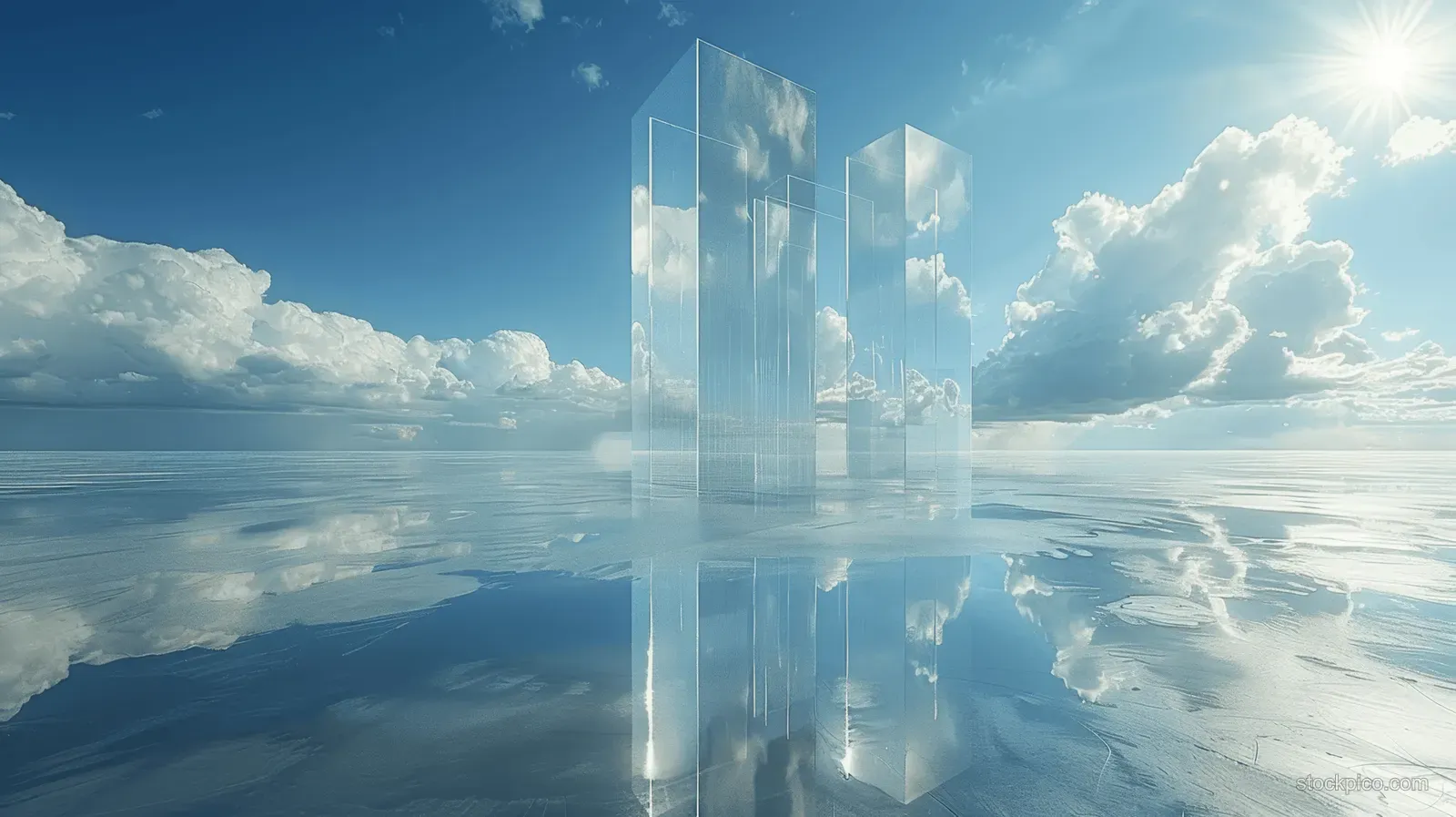 A clear glass tower rises above reflective water as sunlight and clouds fill the sky.