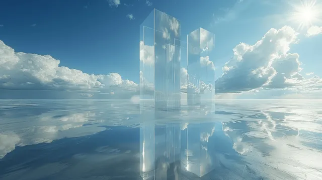 Futuristic glass tower rising from reflective water with bright sun and clouds