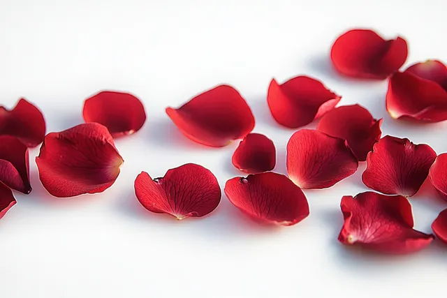 Red rose petals scattered on a white background with a heart-like cluster near the corner.