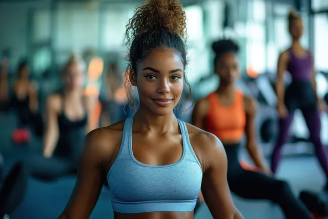 Black woman stretches during warm-up in a gym, with blurred friends exercising on treadmills behind her.