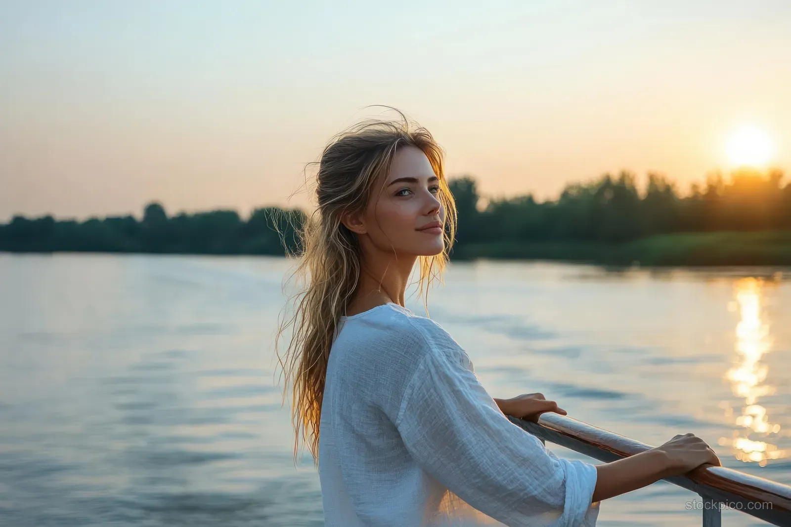 Young woman in a white shirt leans on a boat railing watching sunset reflections on calm lake water.