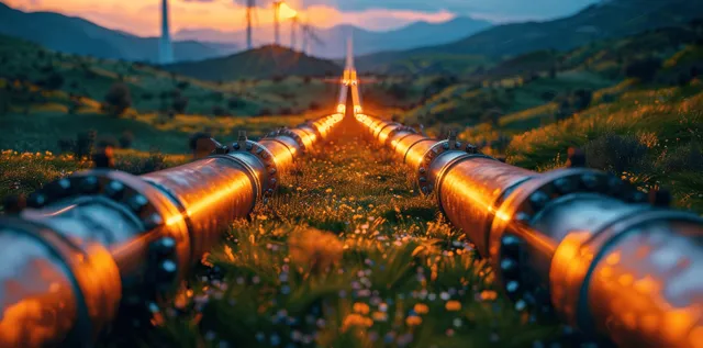 Futuristic hydrogen pipeline with glowing valves in grassy valley under sunset wind turbines