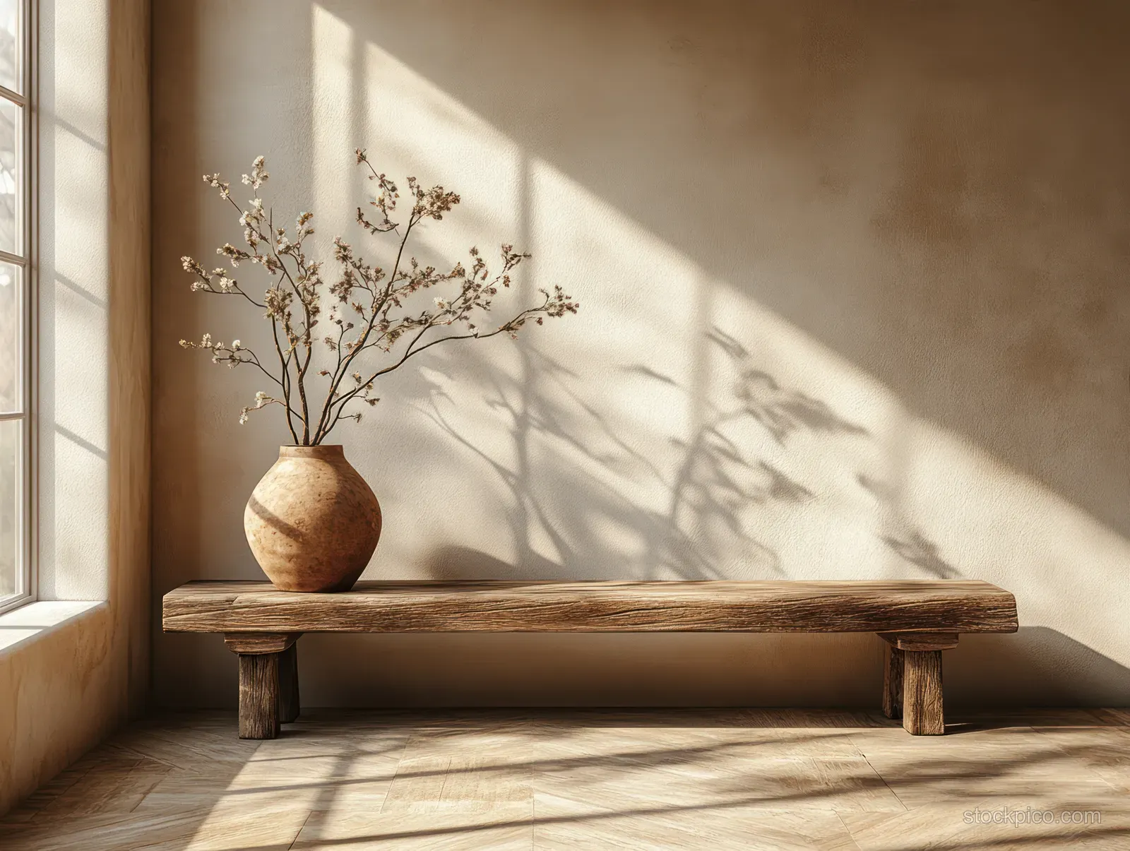 Wooden bench beside a clay vase with branches in a sunlit minimalist interior with window shadows.