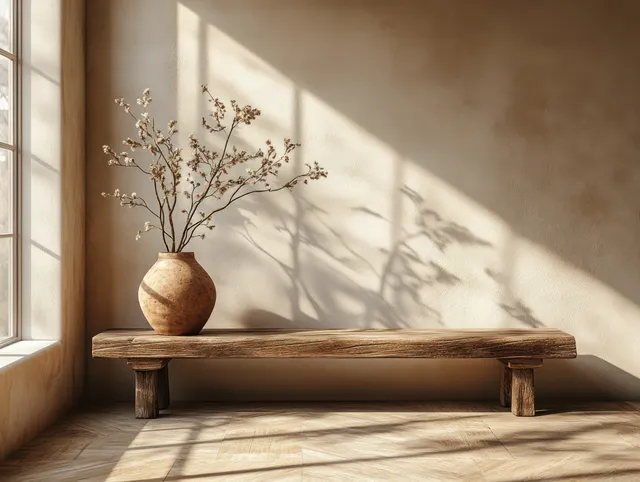 Wooden bench beside a clay vase with branches in a sunlit minimalist interior with window shadows.