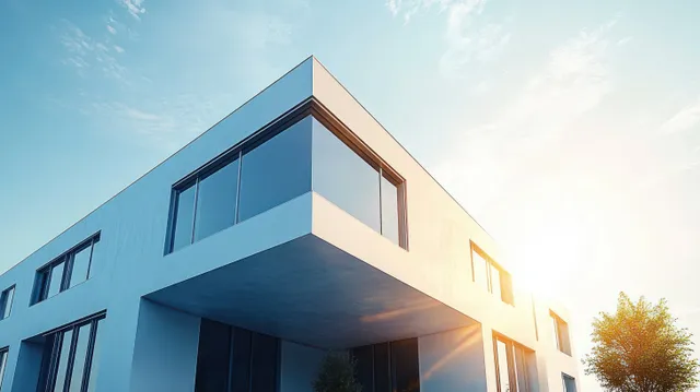 White rectangular building with large glass windows catching warm sunrise light and casting soft shadows.