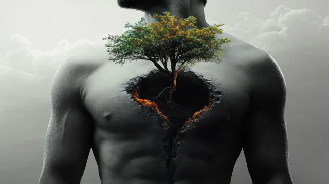 Muscular man torso with a jagged crack in the chest, revealing a vibrant tree and roots extending inward.